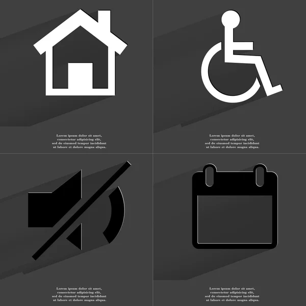 House, Disabled person, Mute icon, Calendar. Symbols with long shadow. Flat design