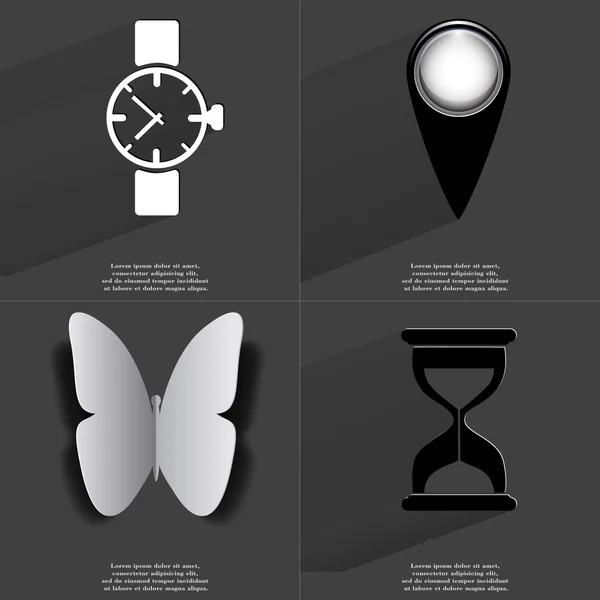 Запястные часы, контрольно-пропускной пункт, бабочка, песочные часы. Символы с длинной тенью. Плоский дизайн — стоковое фото