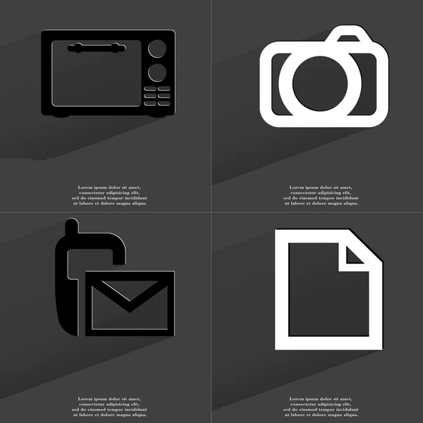 Mikrovågsugn, kamera, Sms-ikonen, filikonen. Symboler med långa skugga. Platt design — Stockfoto
