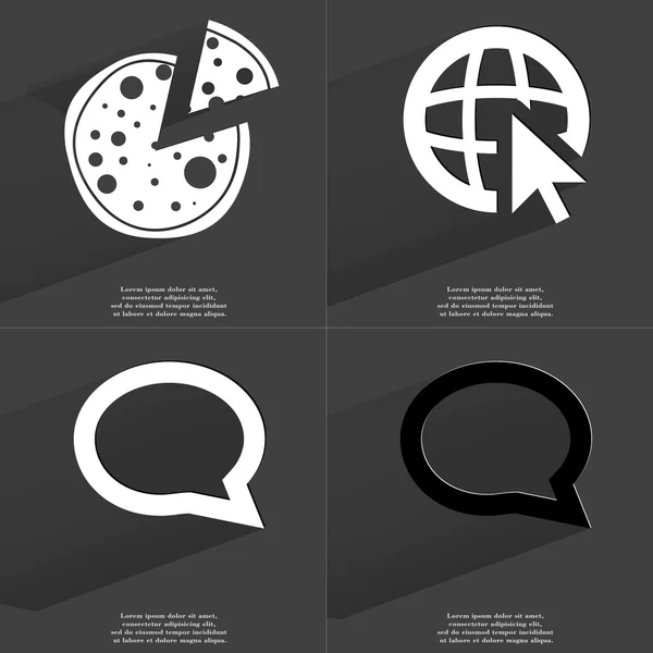 Pizza, Web icon cursor, Chat bubble. Symbols with long shadow. Flat design — стокове фото