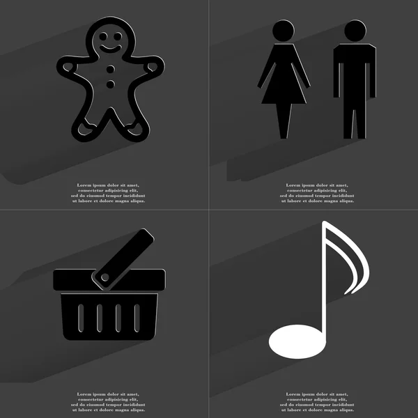 Zencefilli kurabiye adam, erkek ve kadın, sepet, Not işareti silüeti. Semboller uzun gölge ile. Düz tasarım — Stok fotoğraf