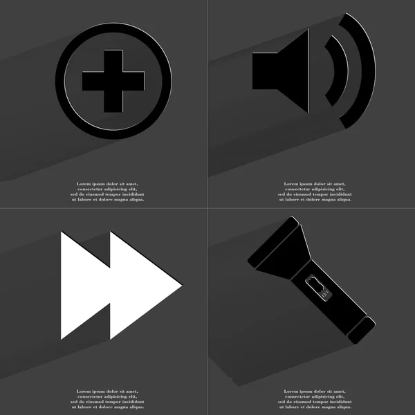 Plus-Zeichen, Sound-Symbol, zwei Pfeile Medien, Taschenlampe. Symbole mit langem Schatten. flache Bauweise — Stockfoto