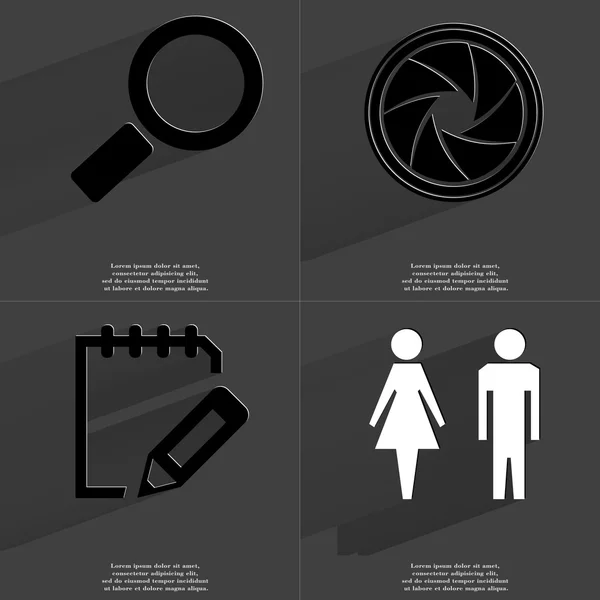 Magnifying glass, Lens, Notebook, Silhouettes of man and woman. Symbols with long shadow. Flat design — Stock Photo, Image