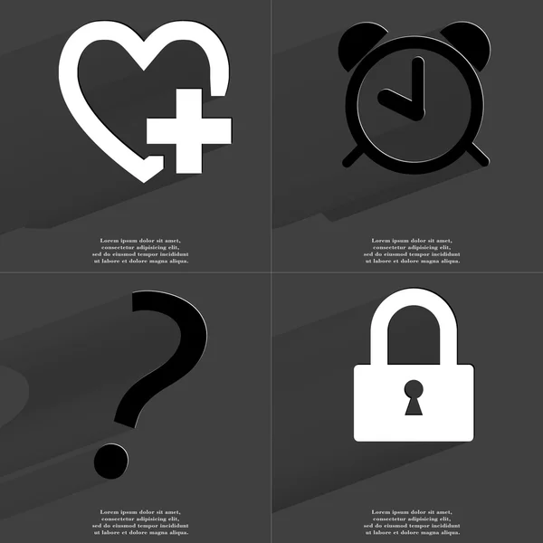 Heart plus, Alarm clock, Question mark, Lock. Symbols with long shadow. Flat design — Stock Photo, Image