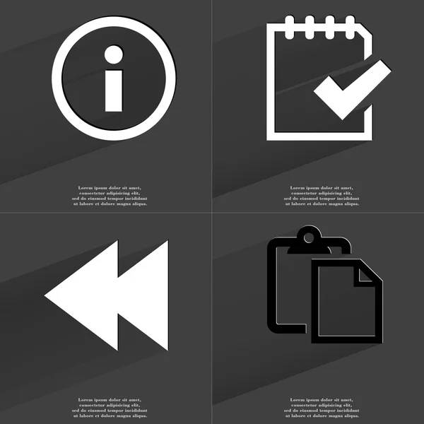 Panneau d'information, Tâche terminée icône, Deux flèches médias, Liste des tâches. Symboles avec ombre longue. Conception plate — Photo