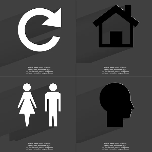 Reload, House, Silhouettes oman and woman, Silhouette. Symbols with long shadow. Flat design