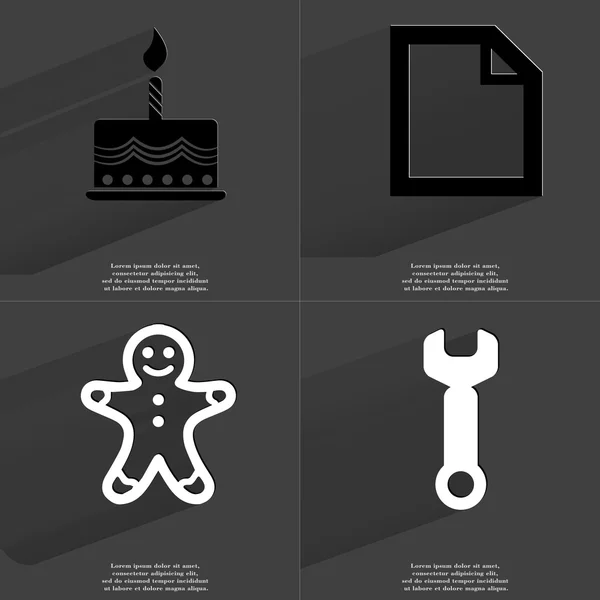 Gâteau, icône de fichier, homme de pain d'épice, clé. Symboles avec ombre longue. Conception plate — Photo