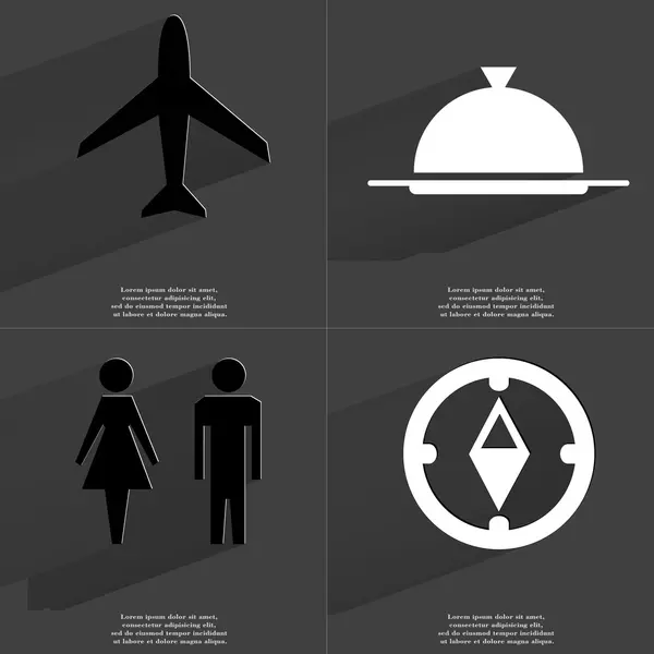 Airplane, Tray, Silhouettes of man and woman, Compass. Symbols with long shadow. Flat design — Stock Photo, Image
