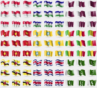 Singapur, Lesothe, Kataru, Vietnam, Kamykia, Mali, Brunej, Kostarika, Pákistán. Velká sada 81 příznaků. Vektorové ilustrace