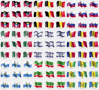 Antigua i Barbuda, Belgii, Słowacji, Meksyk, Izrael, Rumunia, San Marino, Czeczeńską Republiką, Saint Vincent i Grenadyny. Duży zestaw flag 81. Ilustracja wektorowa