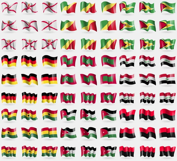 Jersey, Kongo, republiky, Guyany, Německo, Maledivy, Irák, Ghana, Jordan, Upa. Velká sada 81 příznaků. Vektor — Stockový vektor