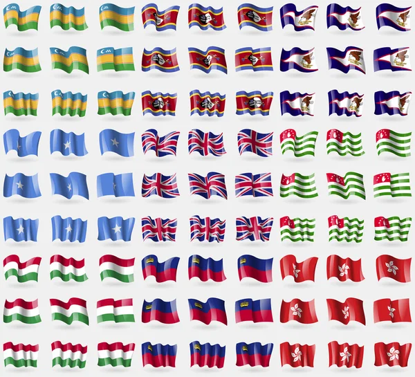 Karakalpakstan, Suazilândia, Samoa Americana, Somália, Reino Unido, Abcásia, Hungria, Liechtenstein, Hong Kong. Um grande conjunto de 81 bandeiras. Vetor — Vetor de Stock