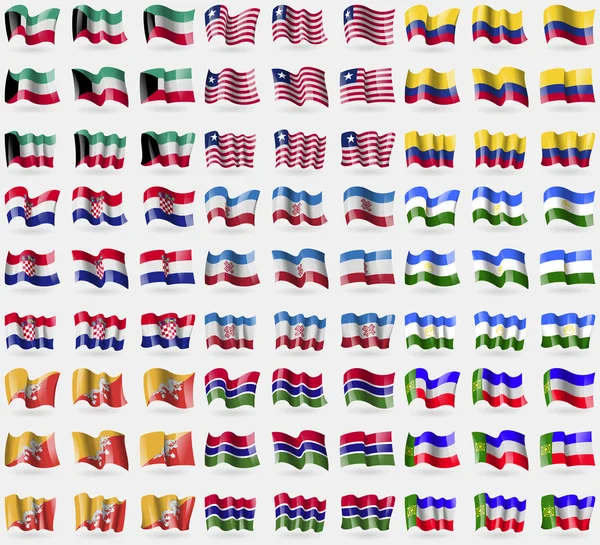 Kuwait, Liberia, Colombia, Croacia, Mari El, Bashkortostán, Bután, Gambia, Khakassia. Gran juego de 81 banderas. Vector — Vector de stock