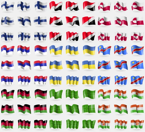 Finlande, Sealand Principauté, Groenland, Republika Srpska, Ukraine, République démocratique du Congo, Malawi, Ladonie, Niger. Grand ensemble de 81 drapeaux. Vecteur — Image vectorielle
