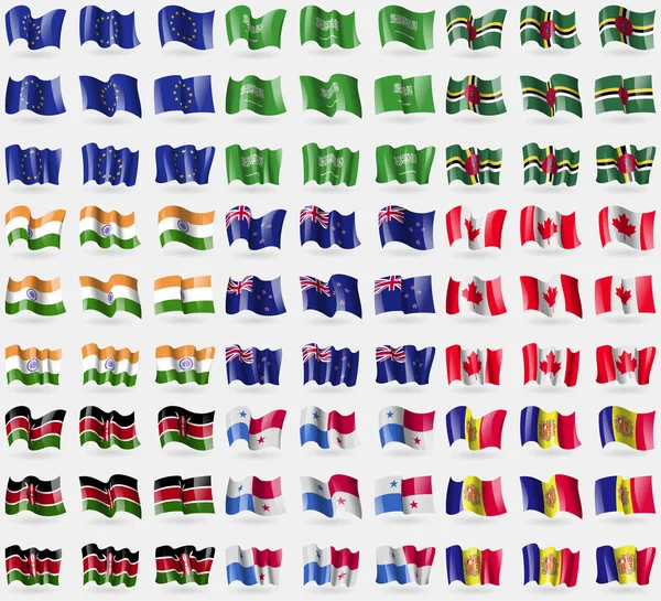 União Europeia, Arábia Saudita, Dominica, Índia, Nova Zelândia, Canadá, Quénia, Panamá, Andorra. Um grande conjunto de 81 bandeiras. Vetor — Vetor de Stock