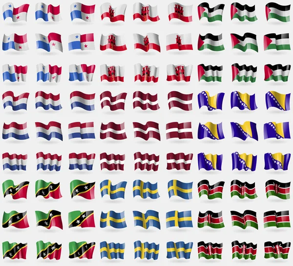 Panamá, Gibraltar, Palestina, Holanda, Letônia, Bósnia e Herzegovina, São Cristóvão e Nevis, Suécia, Quênia. Um grande conjunto de 81 bandeiras. Vetor — Vetor de Stock