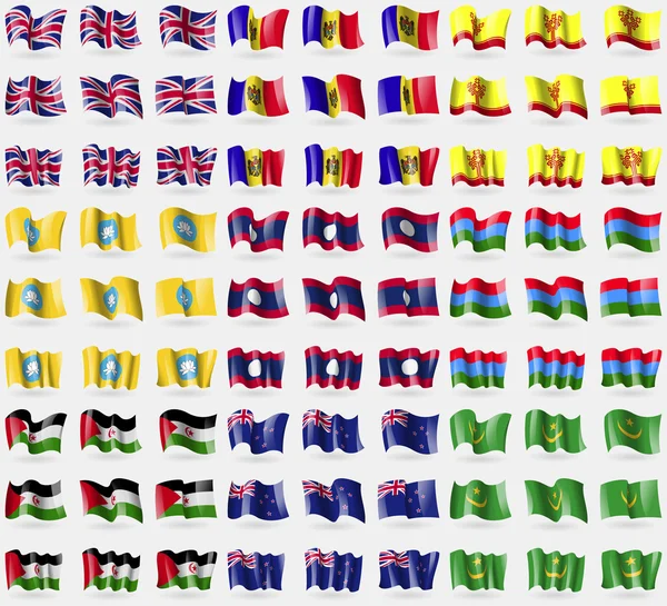 Reino Unido, Moldavia, Chuvashia, Kalmykia, Laos, Karelia, Sahara Occidental, Nueva Zelanda, Mauritania. Gran juego de 81 banderas. Vector — Vector de stock