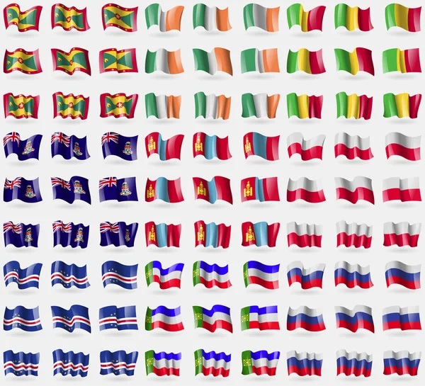 Grenade, Irlande, Mali, Îles Caïmans, Mongolie, Pologne, Cap Vert, Khakassie, Russie. Grand ensemble de 81 drapeaux. Vecteur — Image vectorielle