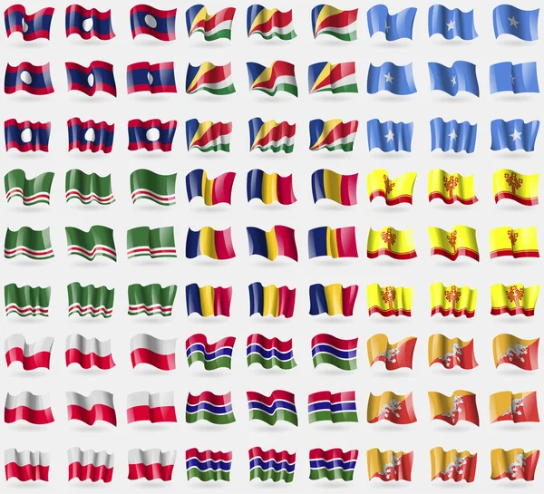 Laos, Seychelles, Somalia, Chechen Republic of Ichkeria, Chad, Chuvashia, Poland, Gambia, Bhutan. Big set of 81 flags. Vector — Stock Vector