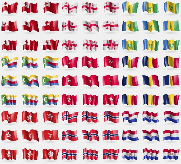 Tonga, Géorgie, Saint-Vincent-et-Grenadines, Comores, Île de Man, Tchad, Hong Kong, Norvège, Paraguay. Grand ensemble de 81 drapeaux. Vecteur — Image vectorielle