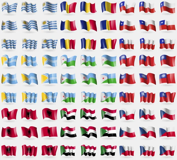 Uruguay, Rumania, Chile, Tuva, Yibuti, Myanmar, Albania, Sudán, República Checa. Gran juego de 81 banderas. Vector — Vector de stock
