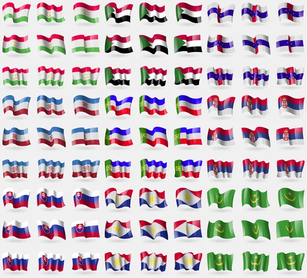 Tajiquistão, Sudão, Antilhas Holandesas, Mari El, Khakassia, Sebia, Eslováquia, Saba, Mauritânia. Um grande conjunto de 81 bandeiras. Vetor — Vetor de Stock