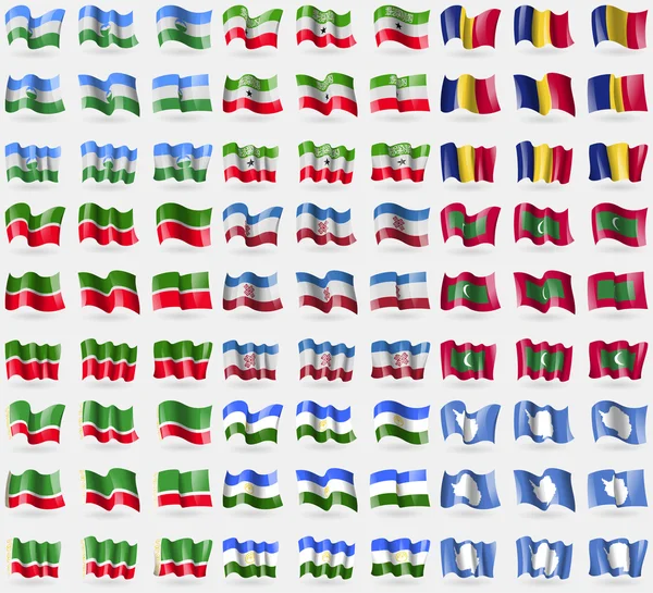 KabardinoBalkaria, Somaliland, Romania, Tatarstan, Mari El, Maldives, Chechen Republic, Bashkortostan, Antarctica. Big set of 81 flags. Vector — Stock Vector