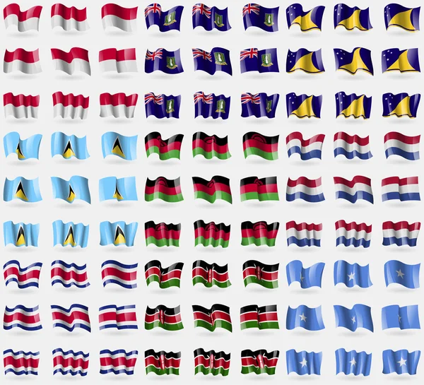 Indonesia, VirginIslandsUK, Tokelau, Santa Lúcia, Malawi, Holanda, Costa Rica, Quênia, Somália. Um grande conjunto de 81 bandeiras. Vetor — Vetor de Stock