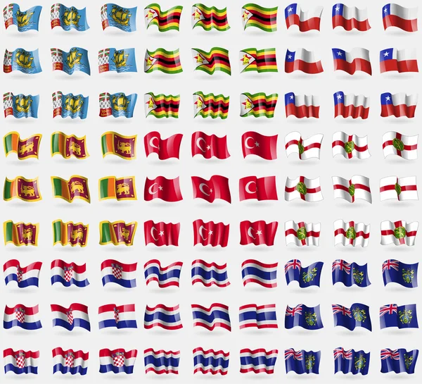 Saint-Pierre-et-Miquelon, Zimbabwe, Chili, Sri Lanka, Turquie, Aurigny, Croatie, Thaïlande, îles Pitcairn. Grand ensemble de 81 drapeaux. Vecteur — Image vectorielle