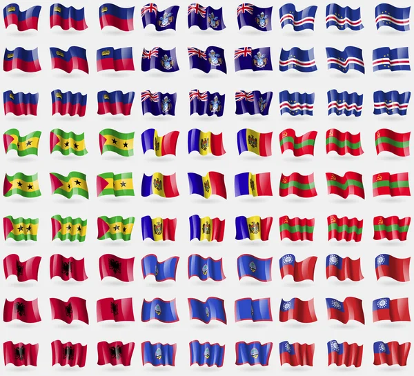 Liechtenstein, Tristan da Cunha, Kaapverdië, Sao Tomé en Principe, Moldavië, Trans-Dnjestrië, Albanië, Guam, Myanmarburma. Grote reeks van 81 vlaggen. Vector — Stockvector