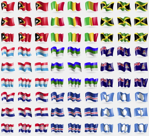 Timor Est, Mali, Giamaica, Lussemburgo, Komi, Isole Cayman, Croazia, Capo Verde, Antartide. Un gran numero di 81 bandiere. Vettore — Vettoriale Stock