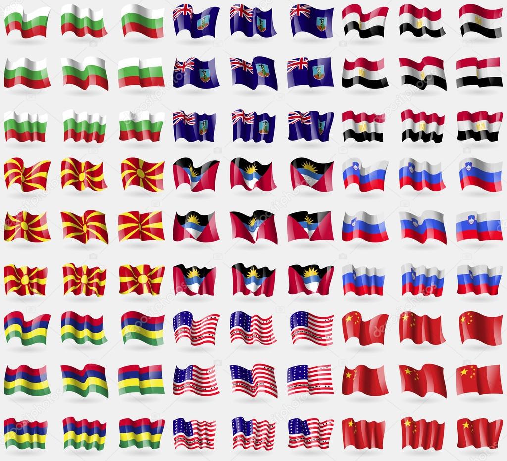 Bulgaria, Montserrat, Egypt, Republic of Macedonia, Antigua and Barbuda, Slovenia, Mauritius, Bikini Atoll, China. Big set of 81 flags. Vector