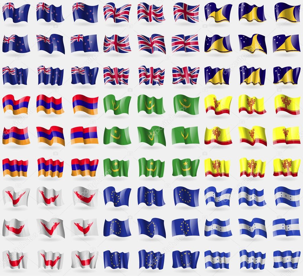 New Zeland, United Kindom, Tokelau, Armenia, Mauritania, Chuvashia, Easter Rapa Nui, European Union, Honduras. Big set of 81 flags. Vector