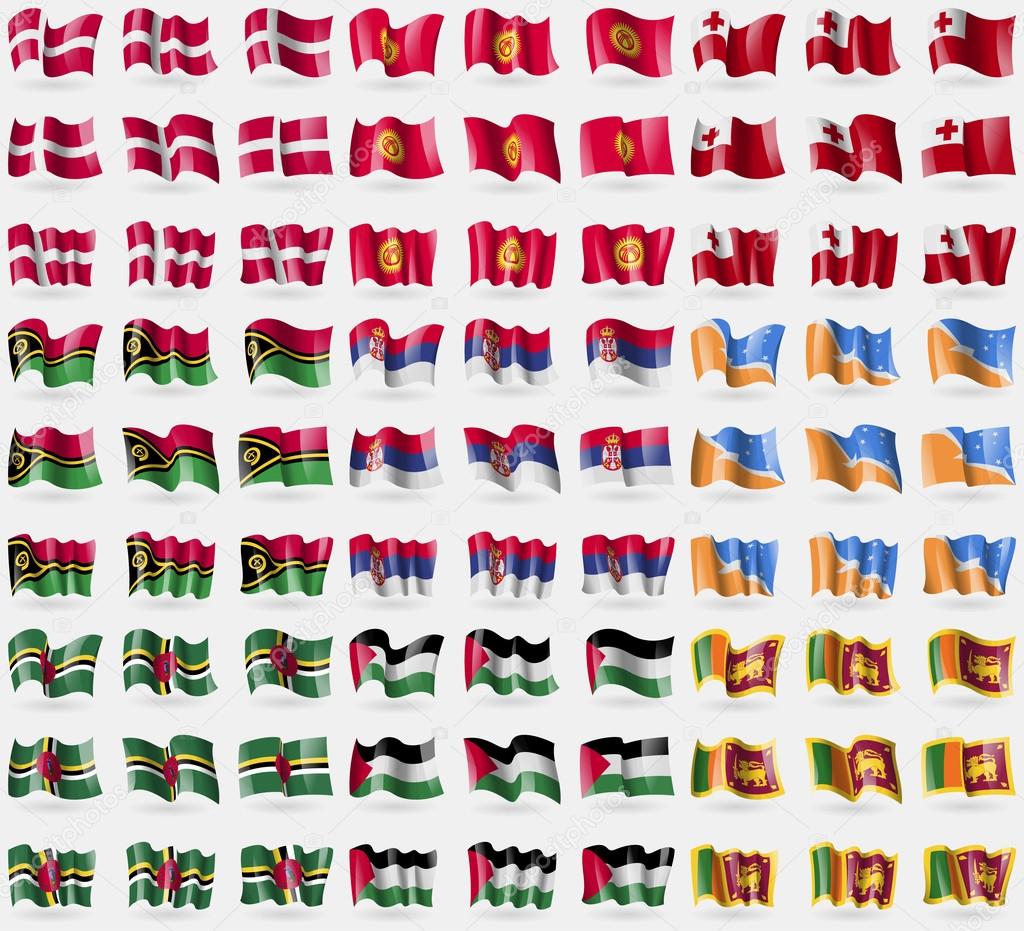 Denmark, Kyrgyzstan, Tonga, Vanuatu, Serbia, Tierra del Fuego Province, Dominica, Palestine, Sri Lanka. Big set of 81 flags. Vector