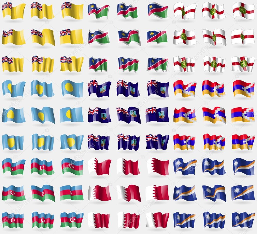 Niue, Namibia, Alderney, Palau, Montserrat, Karabakh Republic, Azerbaijan, Bahrain, Marshall Islands. Big set of 81 flags. Vector