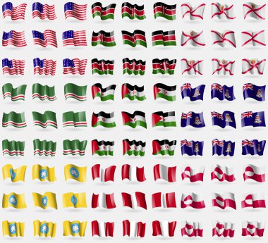 Bikini Atoll, Kenya, Jersey, Chechen Republic of Ichkeria, Western Sahara, Cayman Islands, Kalmykia, Peru, Greenland. Big set of 81 flags. Vector clipart