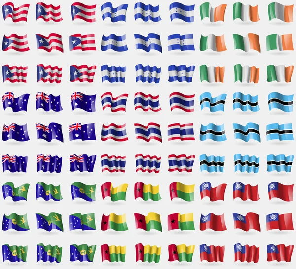 Porto Rico, Honduras, Irlanda, Austrália, Tailândia, Botsuana, Ilha Christmas, GuineaBissau, MyanmarBurma. Um grande conjunto de 81 bandeiras. Vetor — Vetor de Stock