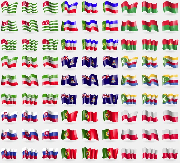 Abkhazia, Khakassia, Burkia Faso, Somaliland, Cayman Islands, Comoros, Slovakia, Protugal, Poland. Big set of 81 flags. Vector — Stock Vector