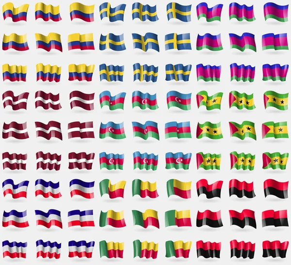 Colômbia, Suécia, República de Kuban, Letónia, Azerbaijão, São Tomé e Príncipe, Los Altos, Benim, UPA. Um grande conjunto de 81 bandeiras. Vetor — Vetor de Stock