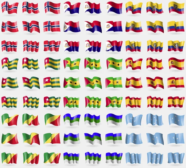 Noruega, São Martinho, Equador, Togo, São Tomé e Príncipe, Espanha, República do Congo, Komi, Micronésia. Um grande conjunto de 81 bandeiras. Vetor — Vetor de Stock