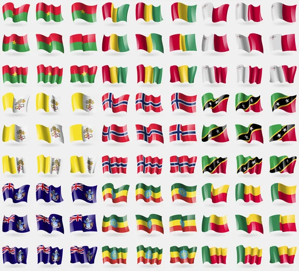 Burkia Faso, Guinea, Malta, Vatican CityHoly See, Norway, Saint Kitts and Nevis, Tristan da Cunha, Ethiopia, Benin. Big set of 81 flags. Vector — Stock Vector