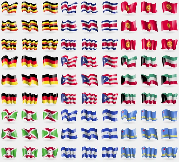 Uganda, Kosta Rika, Kırgızistan, Almanya, Porto Riko, Kuveyt, Burundi, Honduras, Aruba. 81 bayraklar büyük kümesi. Vektör