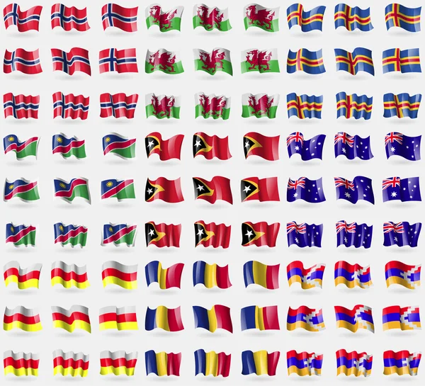 Norvège, Pays de Galles, Aland, Namibie, Timor oriental, Australie, Ossétie du Nord, Roumanie, République du Karabakh. Grand ensemble de 81 drapeaux. Vecteur — Image vectorielle