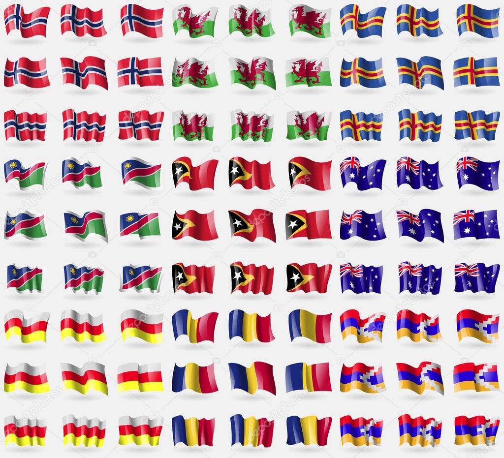Norway, Wales, Aland, Namibia, East Timor, Australia, North Ossetia, Romania, Karabakh Republic. Big set of 81 flags. Vector