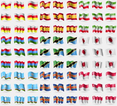 Kuzey Osetya, İspanya, Somaliland, Karelya, Tanzanya, Japonya, saha Cumhuriyeti, Aland, Singapur. 81 bayraklar büyük kümesi. Vektör