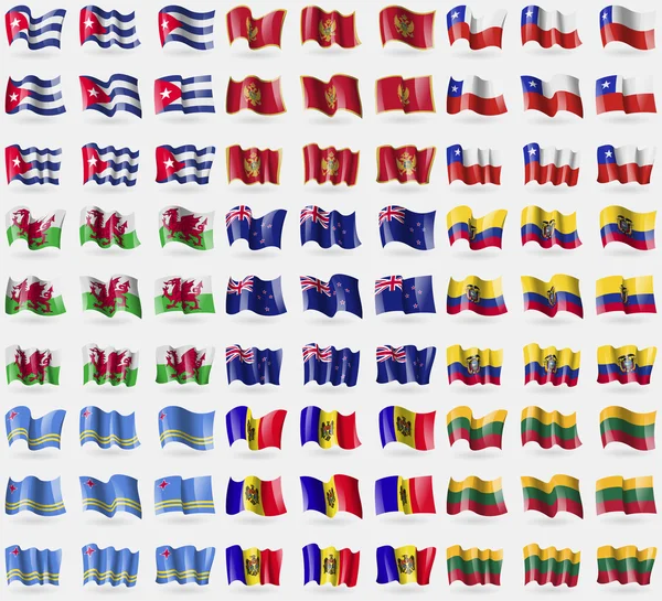 Cuba, Monténégro, Chili, Pays de Galles, Nouvelle-Zélande, Équateur, Aruba, Moldavie, Lituanie. Grand ensemble de 81 drapeaux. Vecteur — Image vectorielle