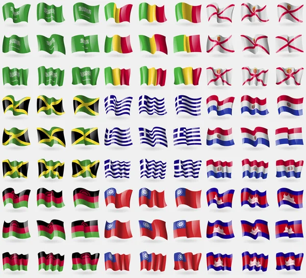 Arabia Saudita, Malí, Jersey, Jamaica, Grecia, Paraguay, Malawi, Myanmar, Camboya. Gran juego de 81 banderas. Vector — Vector de stock