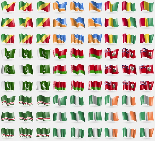 Congo Republic, Tierra del Fuego Province, Guinea, Pakistan, Belarus, Bermuda, Chechen Republic of Ichkeria, Nigeria, Ireland. Big set of 81 flags. Vector — Stock Vector