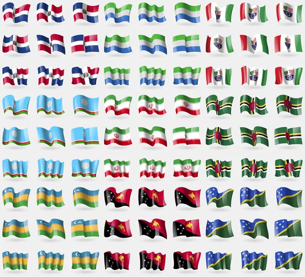 多米尼加共和国、 塞拉利昂、 波斯尼亚和黑塞哥维那联邦、 萨哈共和国、 伊朗、 多米尼克、 卡拉卡尔帕克斯坦、 巴布亚新几内亚、 所罗门群岛。大组 81 标志。矢量 — 图库矢量图片