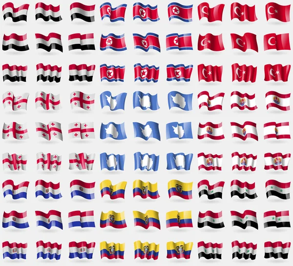 Jemen, Noord-Korea, Turkije, Georgië, Antarctica, Frans Polynesië, Paraguay, Ecuador, Syrië. Grote reeks van 81 vlaggen. Vector — Stockvector